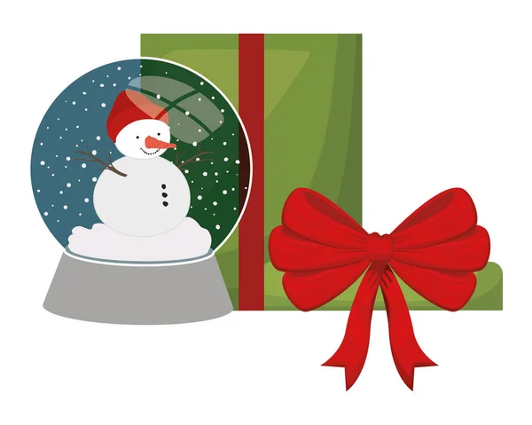 Boule de cristal avec bonhomme de neige et boîte cadeau — Image vectorielle