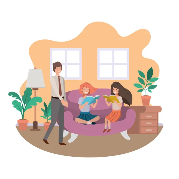 Baba ve kızları kanepede avatar karakteri oturan — Stok Vektör
