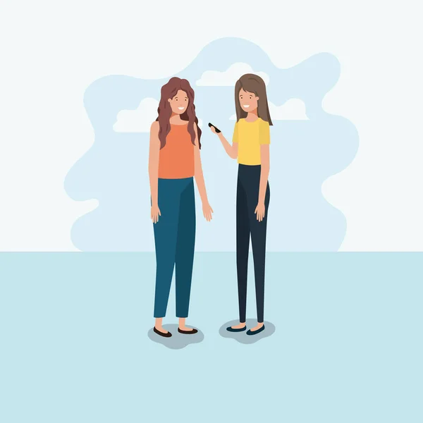 Pareja de mujeres usando teléfono inteligente — Vector de stock