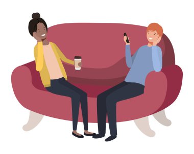 kanepe avatar karakteri akıllı telefon kullanarak çift