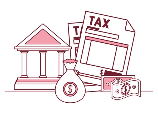 Steuerbeleg mit Bankgebäude und Geld — Stockvektor