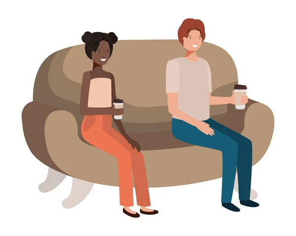 Paar auf Sofa trinkt Kaffee Avatar Charakter — Stockvektor
