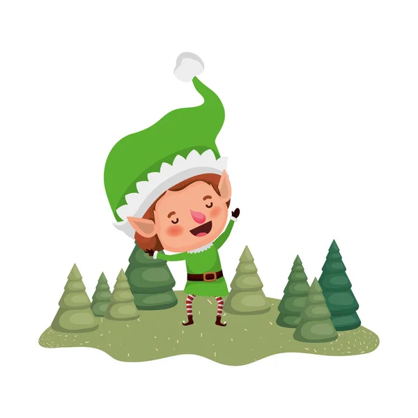クリスマスツリーと一緒に動くエルフアバターキャラクター — ストックベクタ