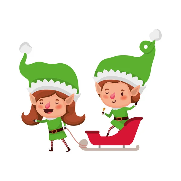 Elves couple with sleigh avatar chatacter — Stock Vector