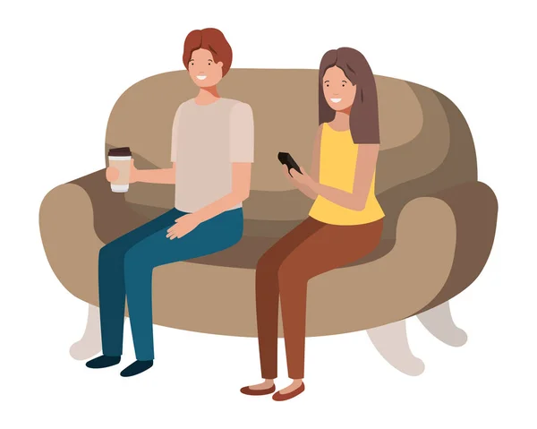 Пара використовує смартфон в дивані аватар персонажа — стоковий вектор