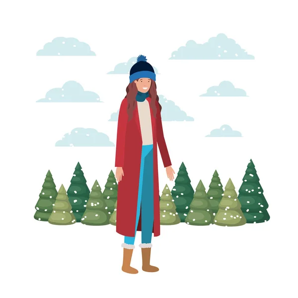 Fiatal nő téli ruhák és a téli fenyők avatar karakter — Stock Vector