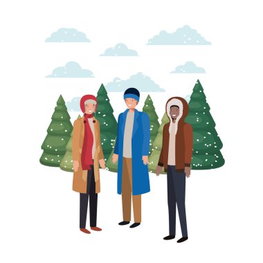 avatar karakter bir grup insan kış giysileri ve Noel ağaçları