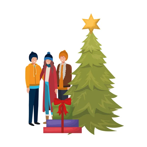 Groep mensen met kerstboom en cadeaus — Stockvector