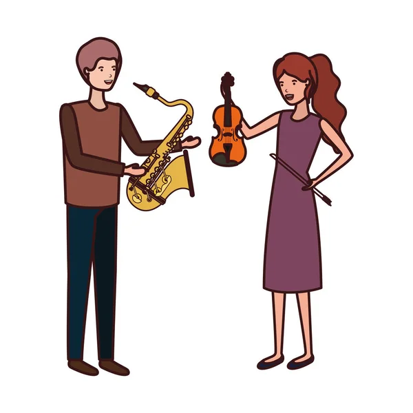 Pareja con instrumentos musicales avatar carácter — Archivo Imágenes Vectoriales