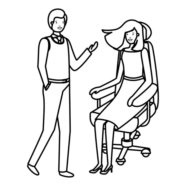 Mujer sentada en silla de oficina y hombre de pie — Vector de stock