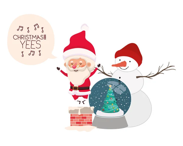 Santa Claus con muñeco de nieve y bola de cristal — Vector de stock