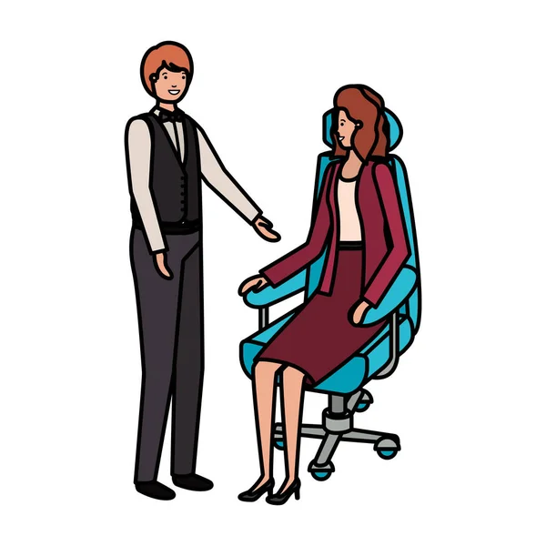 Man sitter i kontors stol och kvinna stående — Stock vektor