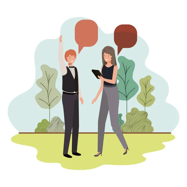 Couple d'affaires avec bulle vocale dans le paysage — Image vectorielle