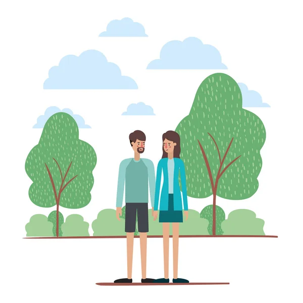 Pareja en el parque avatares personajes — Vector de stock