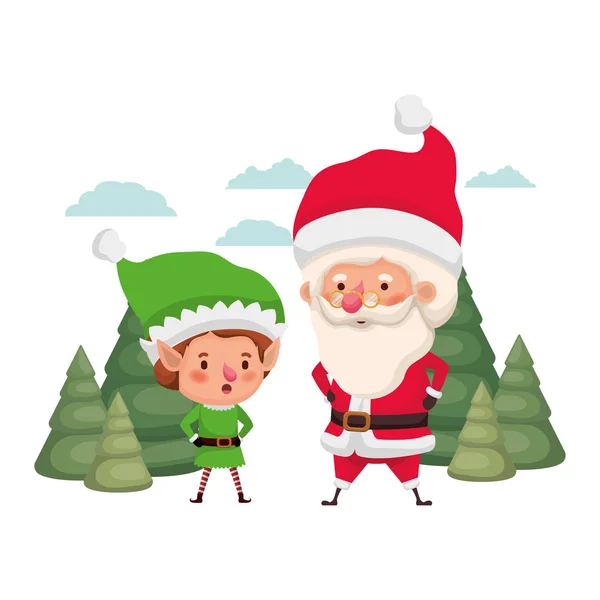 Santa claus com elfo se movendo com árvores de natal — Vetor de Stock