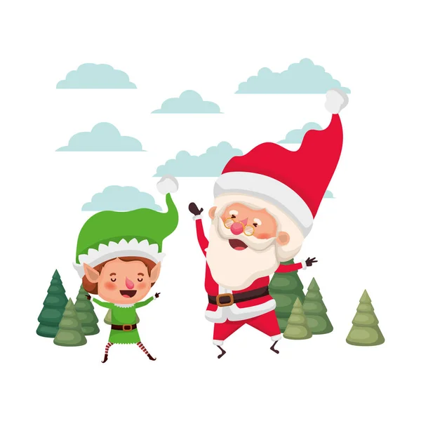 Santa claus with elf moving with christmas trees — Stock Vector