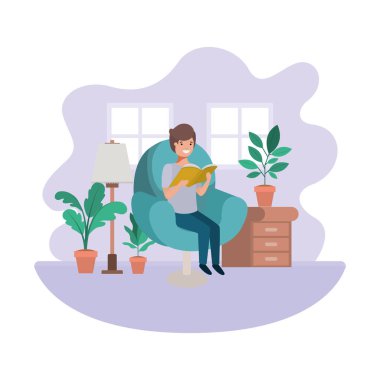 Oturma odası avatar karakteri kitap ile Adam