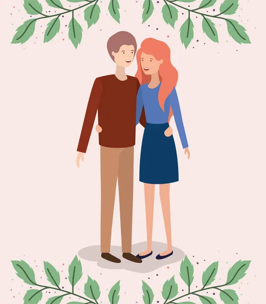 Lovers couple with leafs crown characters — Stock Vector