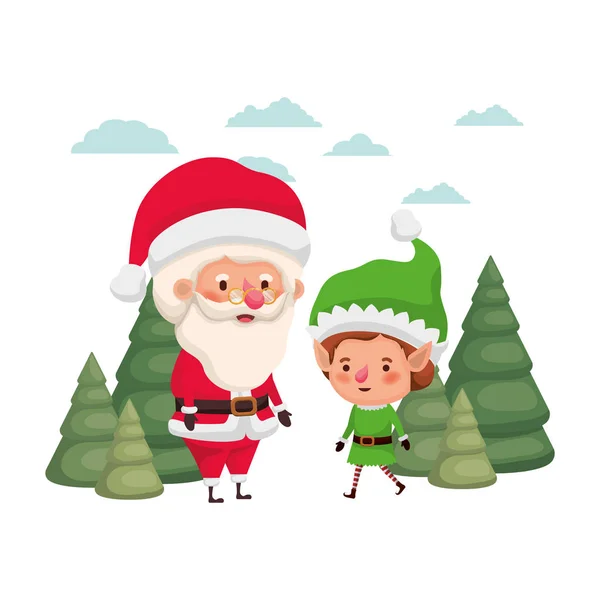 Santa Claus s elfem, který se pohybuje s vánočními stromy — Stockový vektor