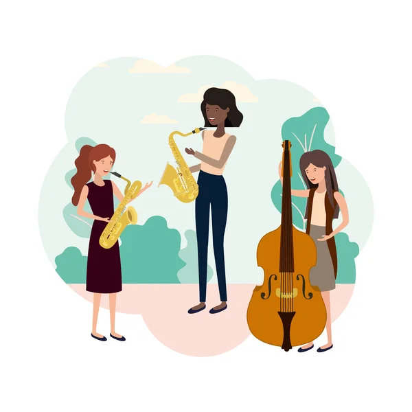 Женщины с музыкальными инструментами в ландшафте — стоковый вектор