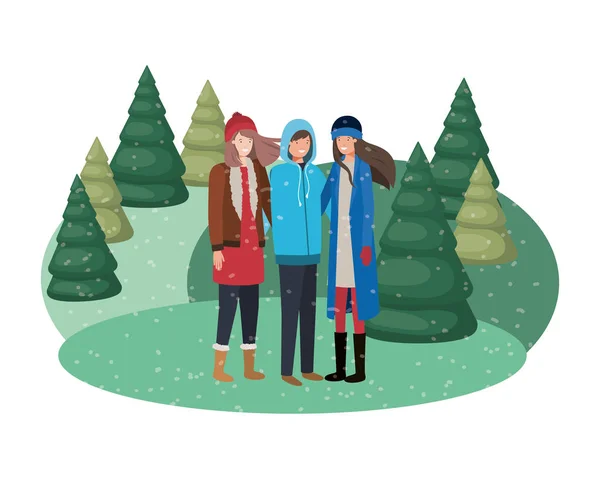 Grupo de personas con ropa de invierno y árboles de navidad carácter avatar — Vector de stock