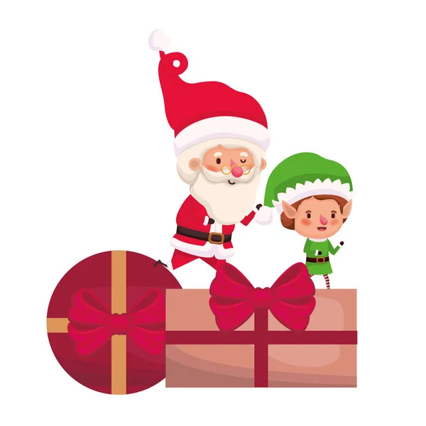 Santa claus y elfo con cajas de regalos — Vector de stock