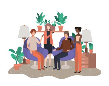 oturma odasında teknoloji cihazları kullanan bir grup insan