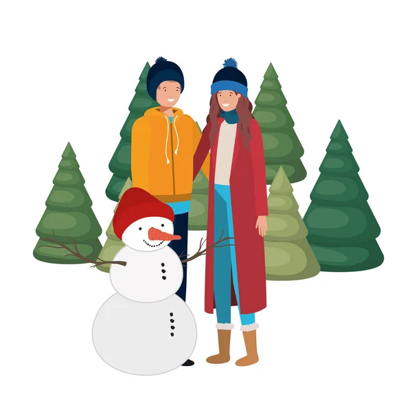 Couple with snowman and pine trees — Stock Vector