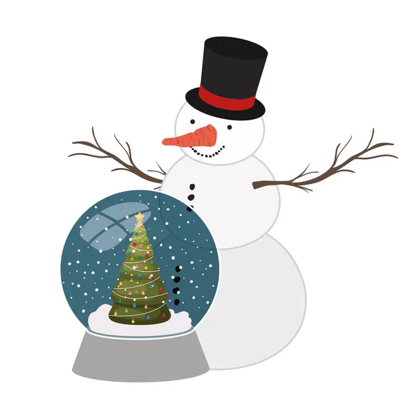 圣诞树与雪人水晶球孤立图标 — 图库矢量图片