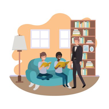 baba ve oğulları kanepede avatar karakteri oturan