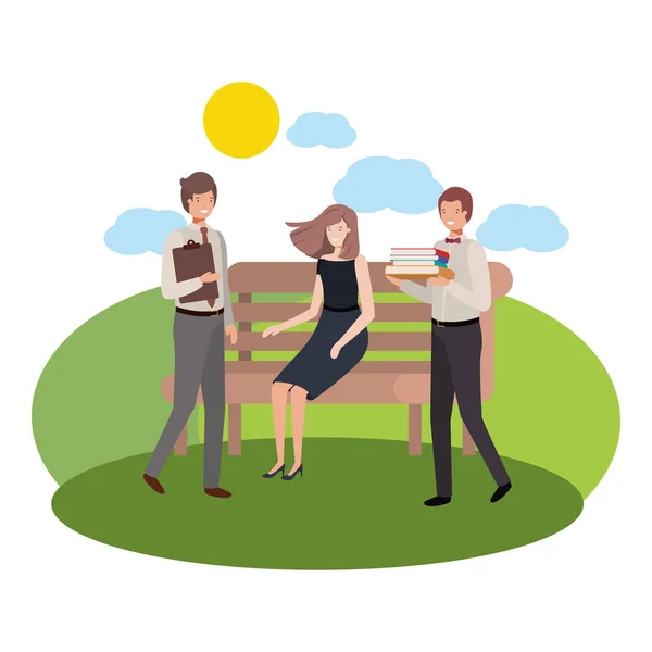 Grupo de negocios en silla de parque con paisaje — Vector de stock