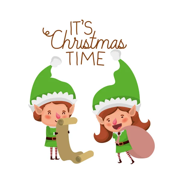 Elfos casal com presentes lista e alegre Natal tempo avatar personagem — Vetor de Stock