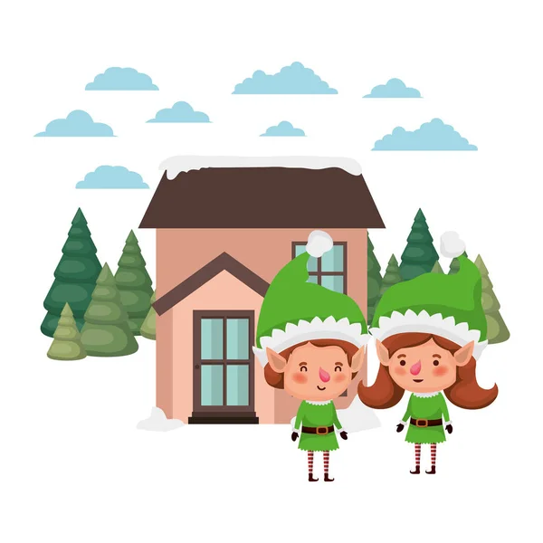 房子与松树和一对夫妇的精灵 — 图库矢量图片