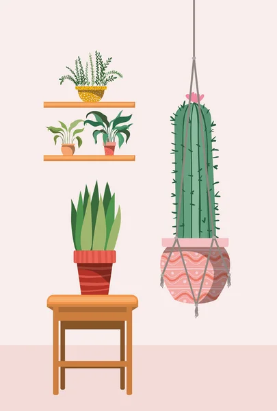 Kamerplanten in macrame hangers en houten stoel — Stockvector