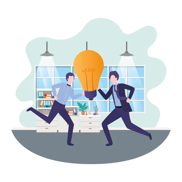 Businessmen with lightbulb in living room — Stock Vector