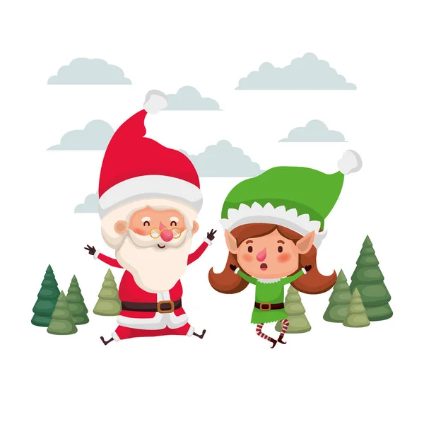 Santa claus with elf woman moving with christmas trees — Stock Vector