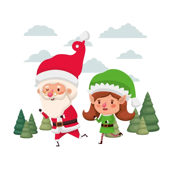 Santa Claus s elfí ženou, která se pohybuje s vánočními stromy — Stockový vektor