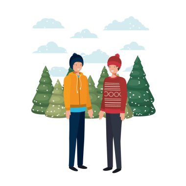 Erkekler kış giysileri ve kış çam ağaçları avatar karakter