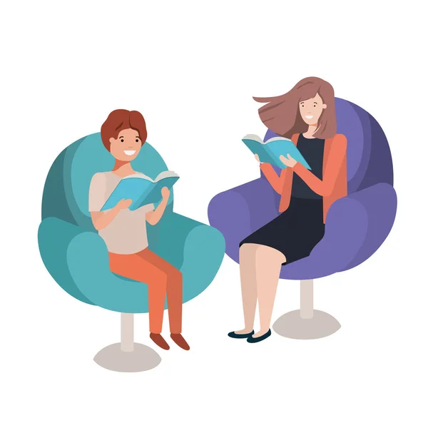 Mãe e filho sentados no sofá com personagem avatar livro —  Vetores de Stock