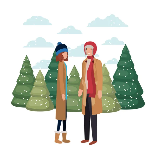 Pareja con ropa de invierno y carácter avatar de pino de invierno — Vector de stock