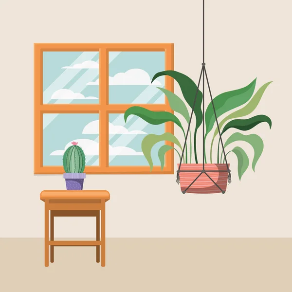 Planta de sala no cabide macrame com janela —  Vetores de Stock