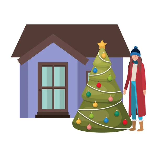 stock vector woman with christmas tree outside the house