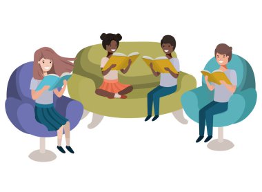 kitap avatar karakteri ile kanepede oturan insanların grup