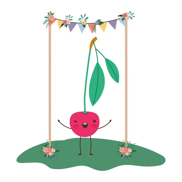 Schattig Cherry in de tuin kawaii karakter — Stockvector