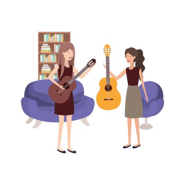 oturma odasında müzik aletleri olan kadınlar