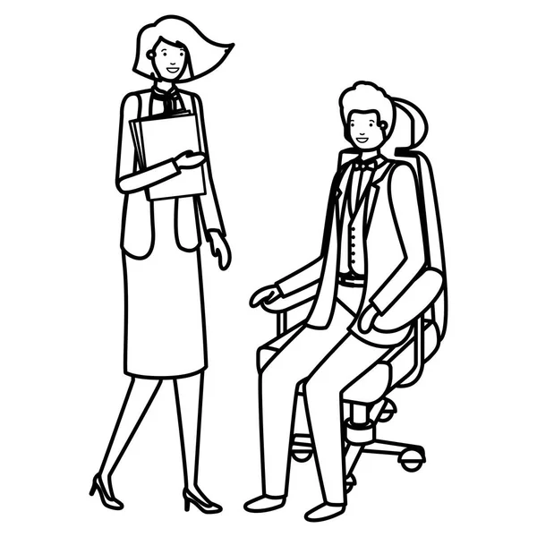 Hombre sentado en silla de oficina y mujer con libro — Vector de stock