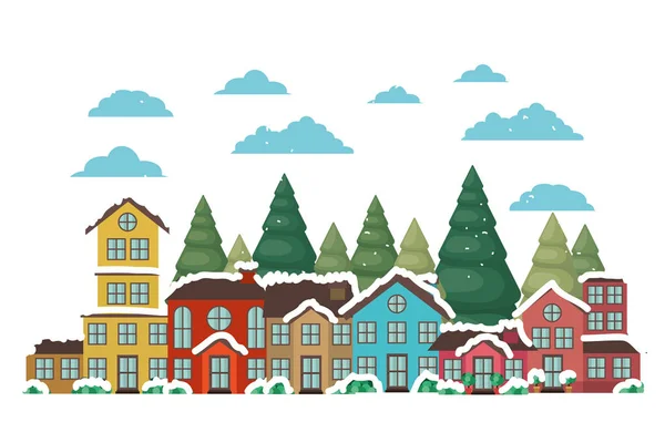 Barrio con pinos e ícono aislado de nieve — Vector de stock