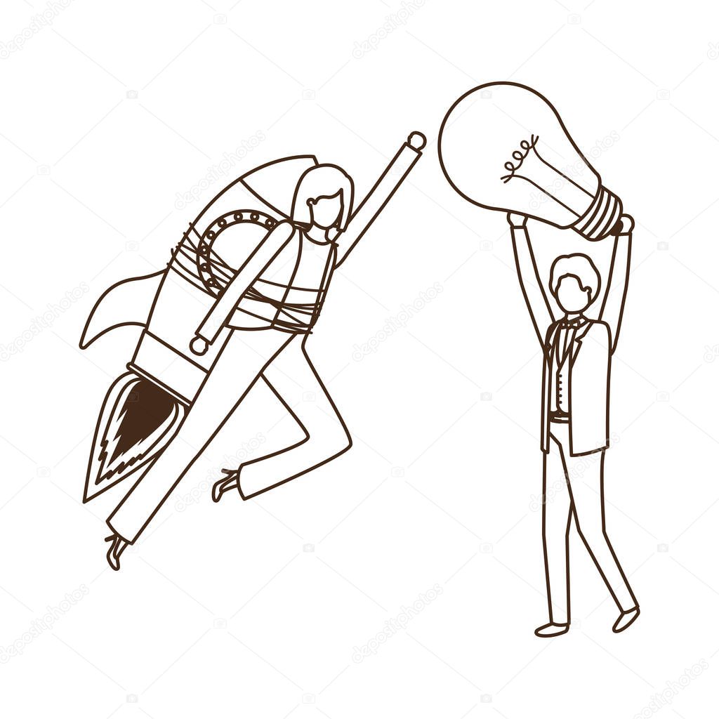business couple with rocket and light bulb character