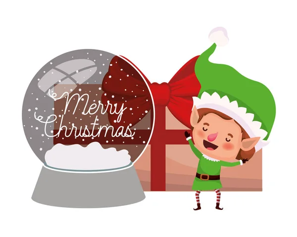 Elfe avec boîte cadeau et boule de cristal — Image vectorielle