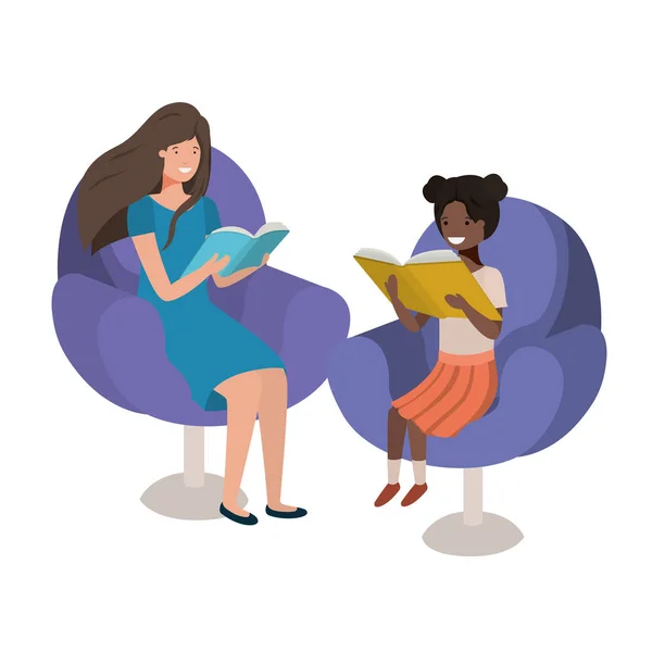 Frauen sitzen auf Sofa mit Buch-Avatarfigur — Stockvektor